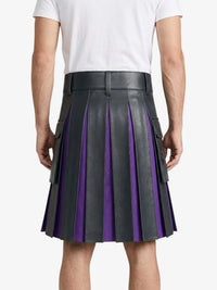 Charcoal Leather Kilt With Purple Pleats Back