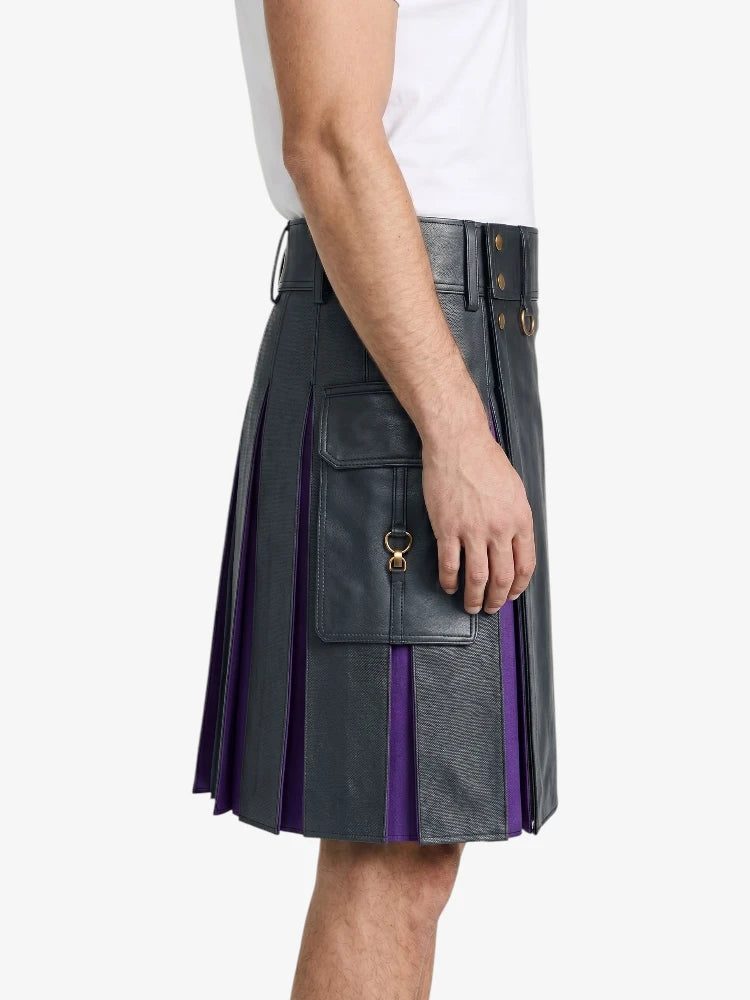 Charcoal Leather Kilt With Purple Pleats Right
