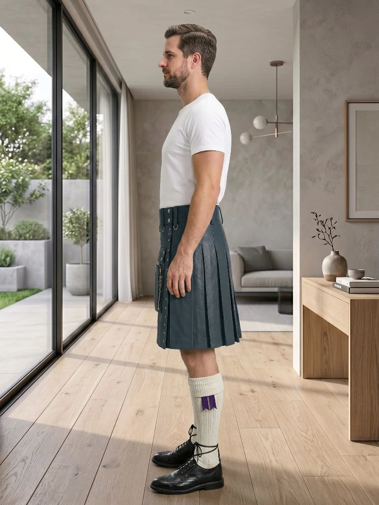 Charcoal Leather Utility Kilt Left Side