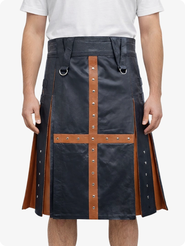 Charcoal Leather Utility Kilt with Brown Cross Panel & Metal Rivet Detailing