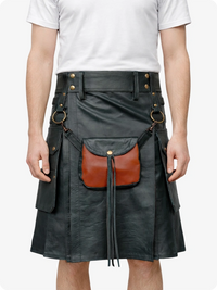 Person wearing a black leather kilt with a brown leather pocket on a white background