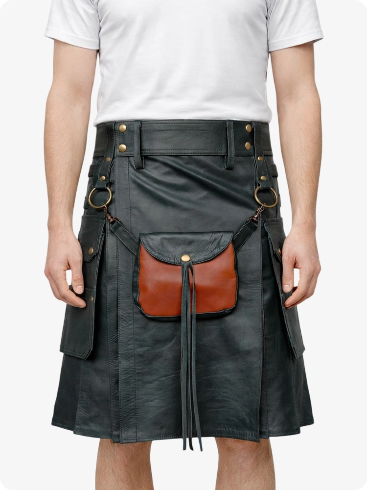 Person wearing a black leather kilt with a brown leather pocket on a white background