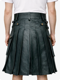 Charcoal pleated Leather Kilt worn by a person on a white background