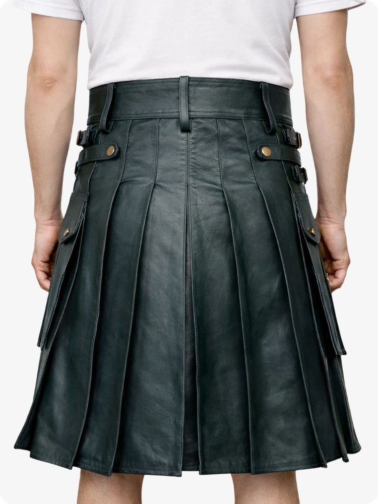 Charcoal pleated Leather Kilt worn by a person on a white background