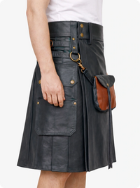 Charcoal leather kilt with brown leather pocket on a white background