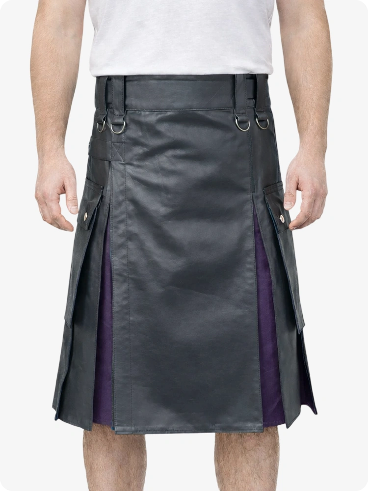 Charcoal Leather Utility Kilt with Purple Pleats, Side Pockets & D-Ring Hardware