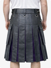 Person wearing a Charcoal leather kilt with purple lining on a white background
