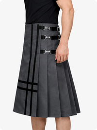 Charcoal skirt with black accents and belt on a white background