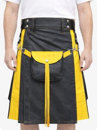 Charcoal and yellow kilt worn by a person on a white background