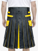 Charcoal kilt with yellow accents worn by a person on a white background