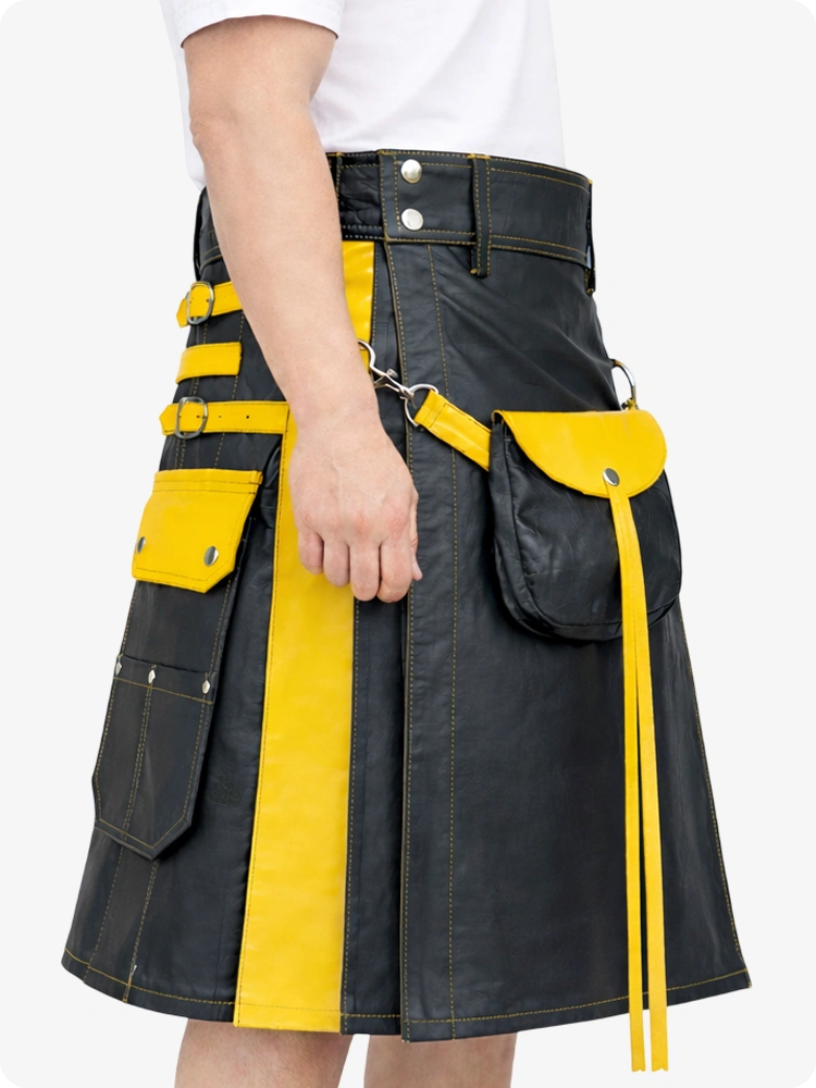 Charcoal Leather Utility Kilt with Yellow Accents & Detachable Pockets
