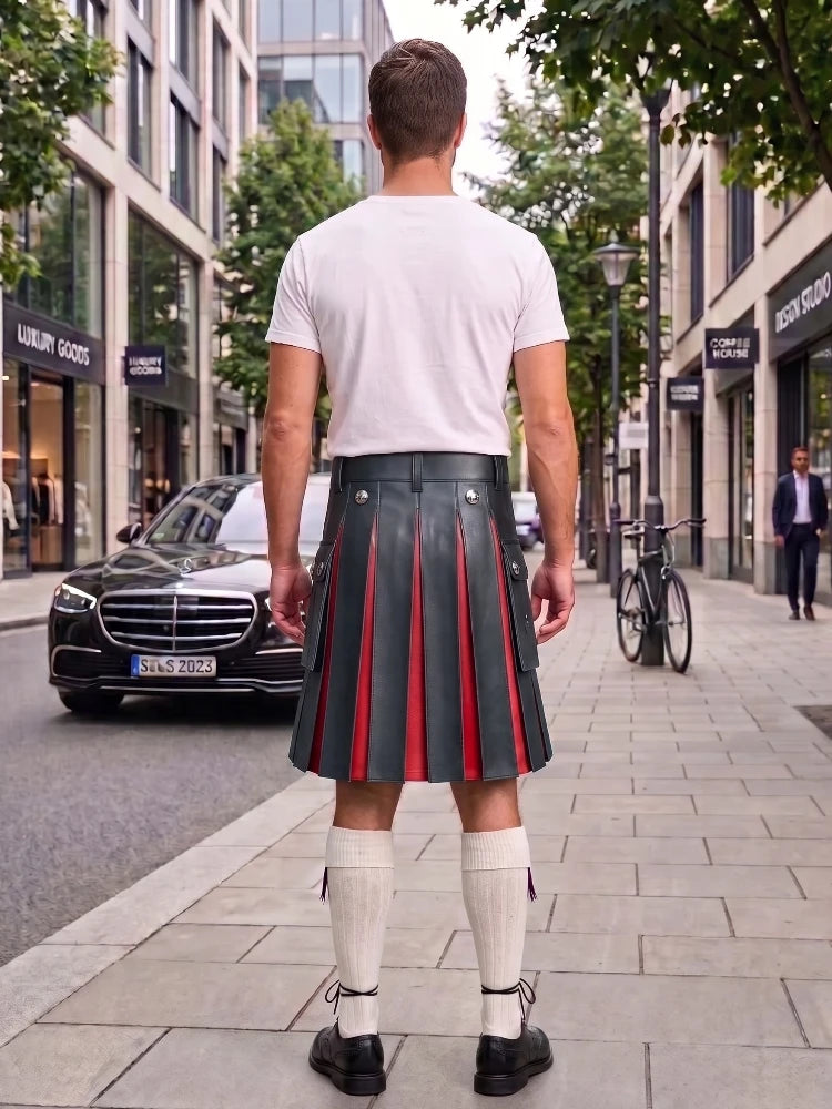 Charcoal With Red Cowhide Leather Hybrid Utility Kilt