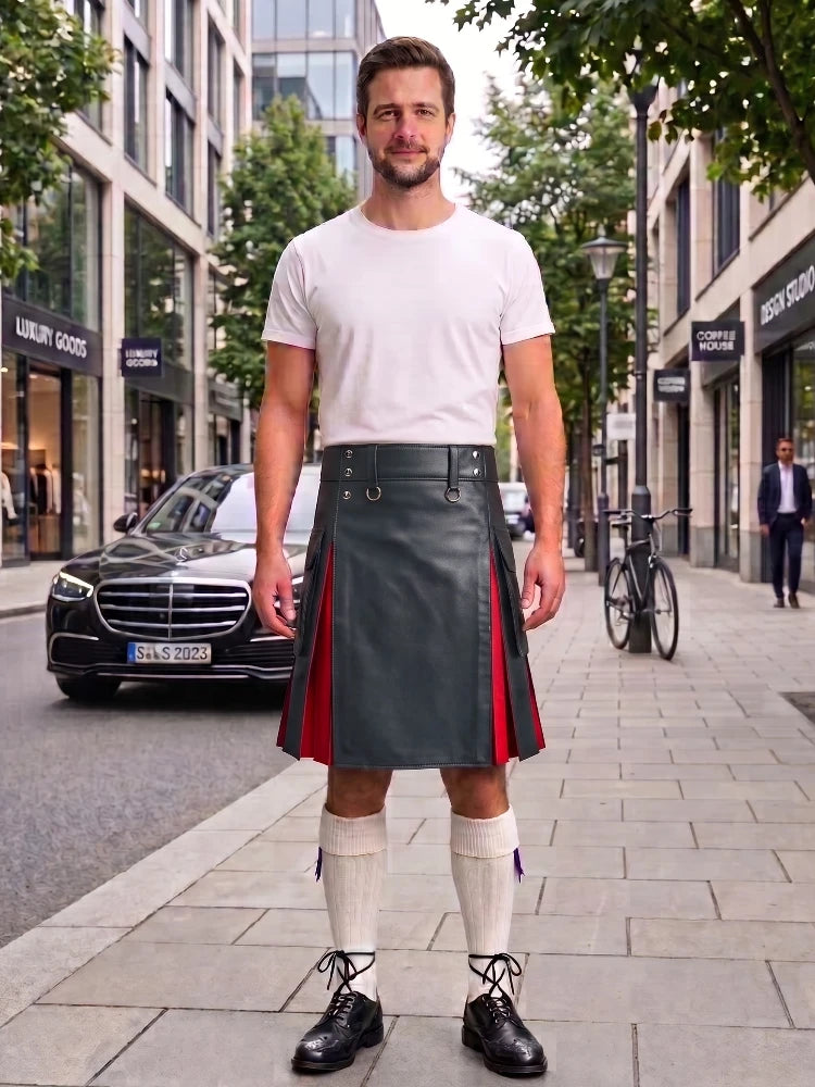 Charcoal With Red Cowhide Leather Hybrid Utility Kilt