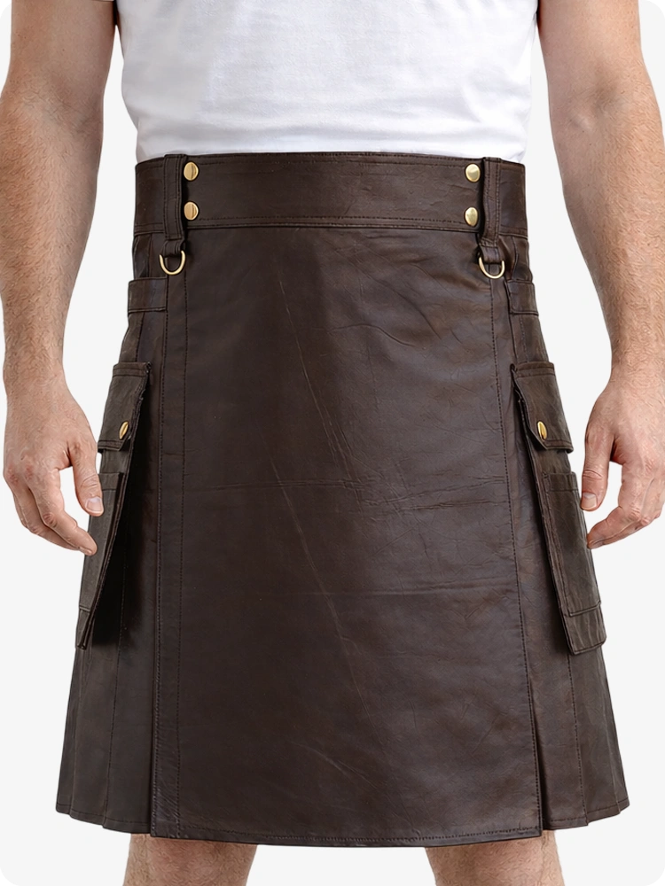 Chocolate Brown Genuine Leather Utility Kilt with Cargo Pockets & D-Rings