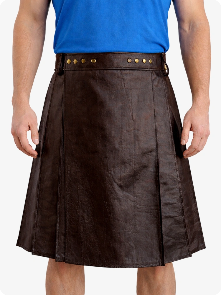Chocolate Brown Genuine Leather Utility Kilt with Studded Waistband