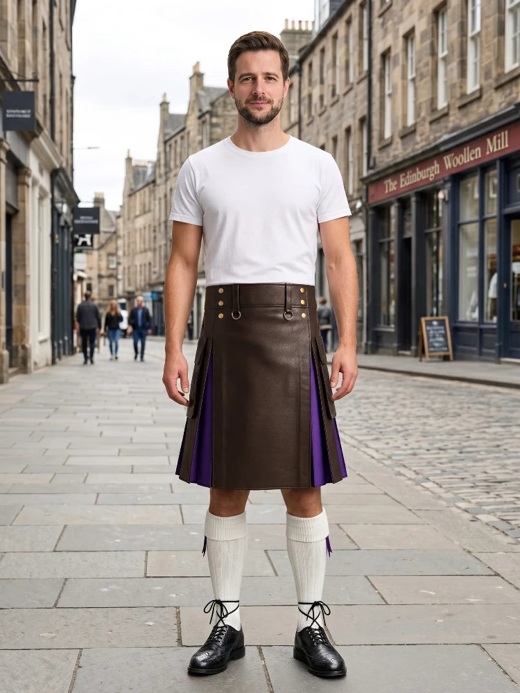 Chocolate Leather Kilt With Purple Pleats 