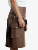 Chocolate Brown leather skirt with a front pocket on a white background
