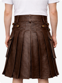Chocolate Brown leather skirt worn by a person on a white background