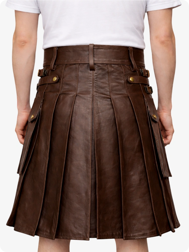 Chocolate Brown leather skirt worn by a person on a white background
