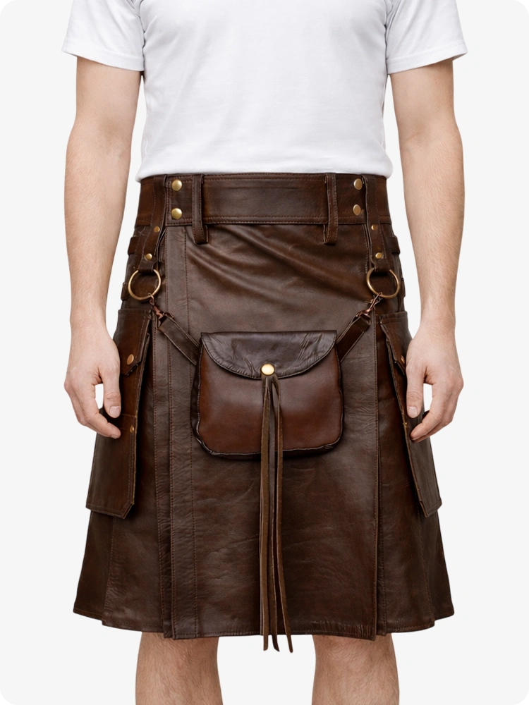 Chocolate Brown leather kilt with gold buttons and a pouch on a white background