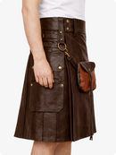 Chocolate Brown leather kilt with gold buttons on a white background