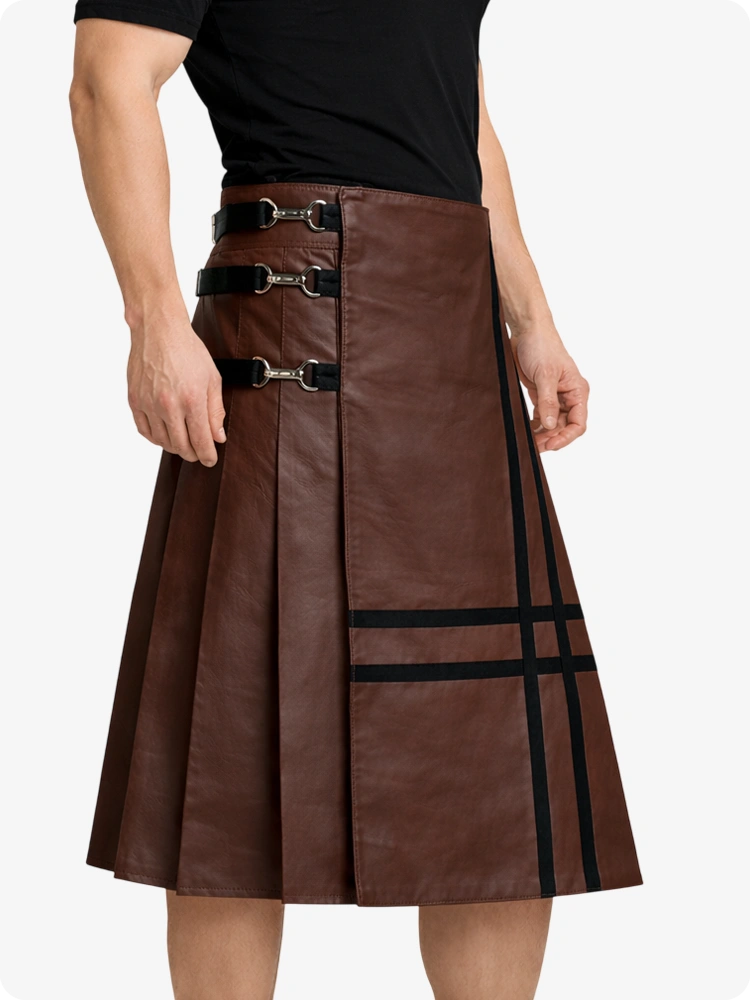 Chocolate Brown Leather Utility Kilt with Side Buckles & Pleated Back