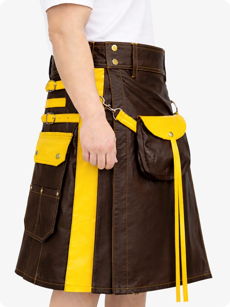 Chocolate Brown Leather Utility Kilt with Yellow Accents & Detachable Pockets