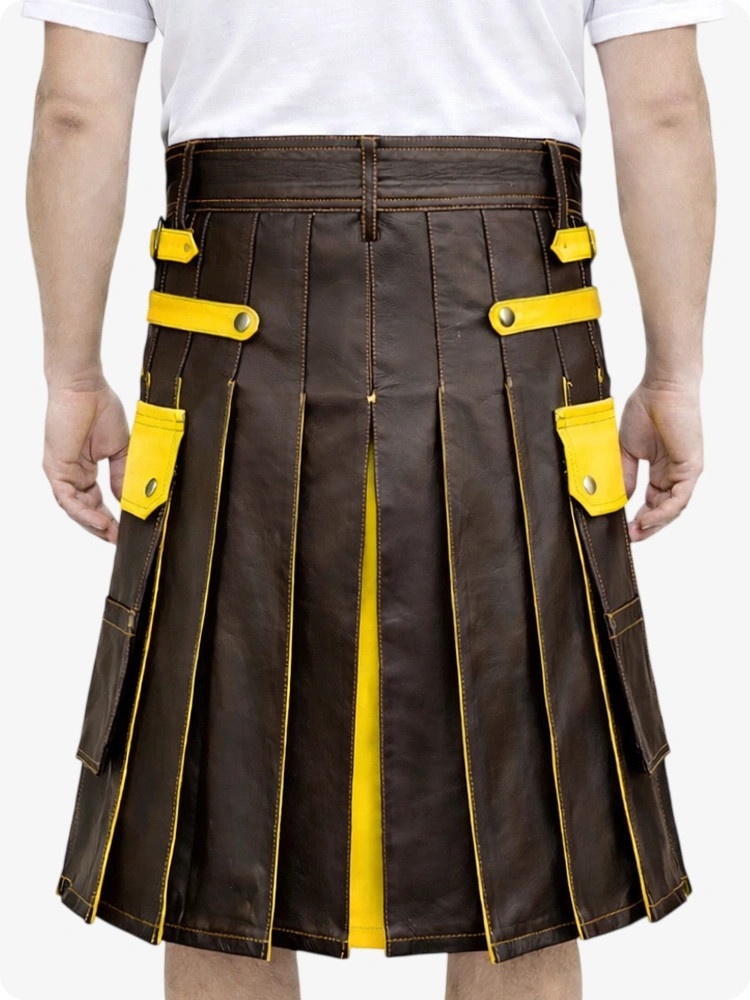 Chocolate Brown Leather Utility Kilt with Yellow Accents & Detachable Pockets