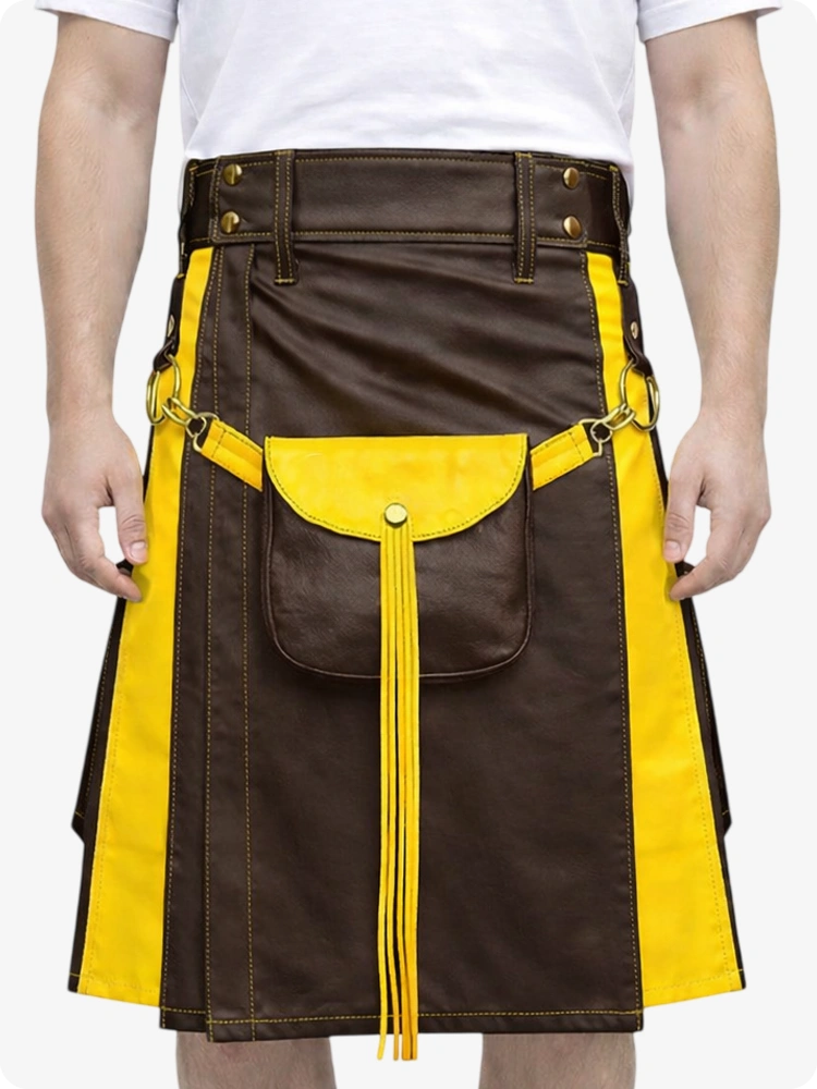 Chocolate Brown Leather Utility Kilt with Yellow Accents & Detachable Pockets