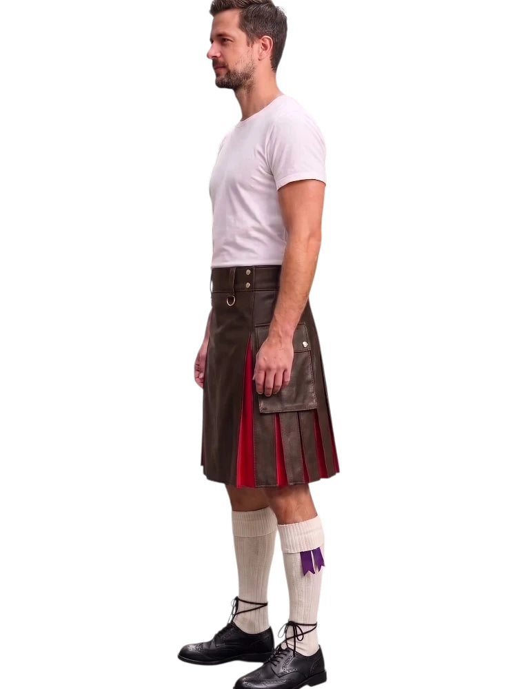 A man shown in profile wearing a dark brown leather kilt with red and purple lining, a white t-shirt, white knee-high socks, and black shoes, against a plain white background.