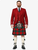 Man wearing a traditional Scottish kilt with a red jacket on a white background