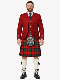 Man wearing a traditional Scottish kilt with a red jacket on a white background