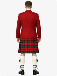 Person wearing a red jacket and tartan kilt on a white background
