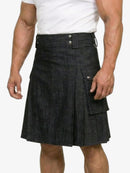Person wearing a black denim kilt on a white background