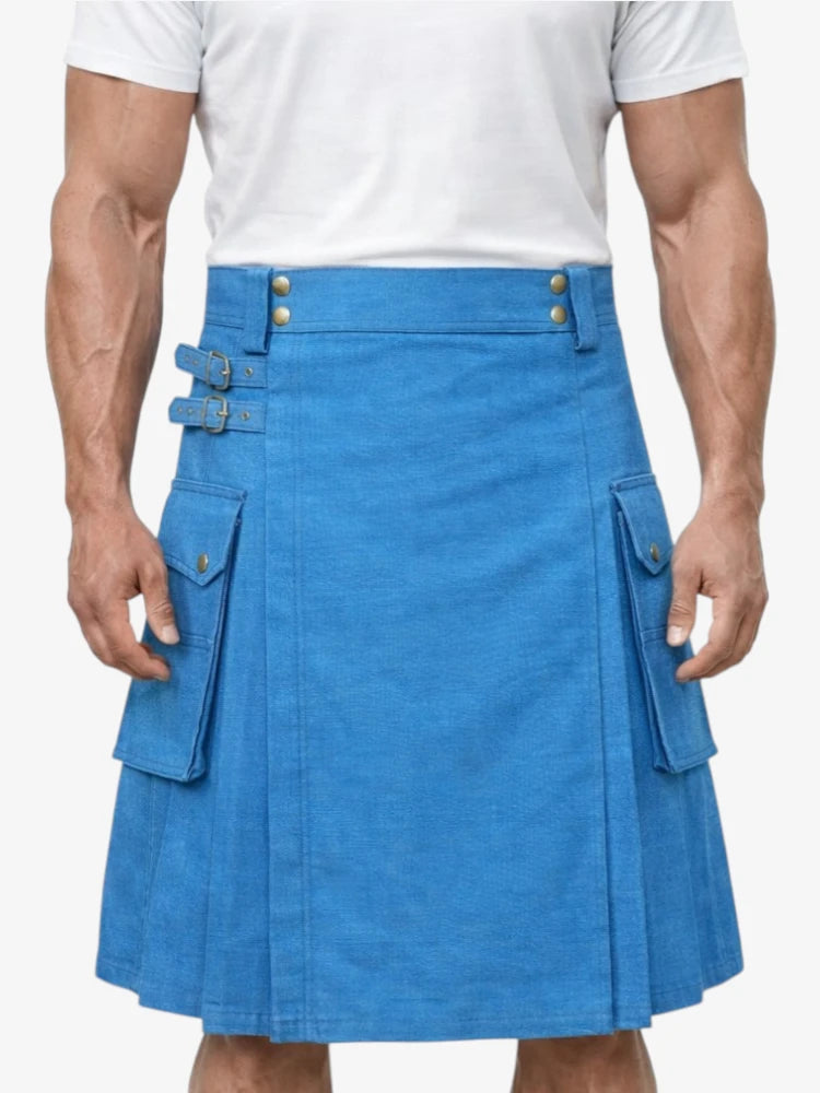 Classic Modern Blue Denim Kilt with Adjustable Straps