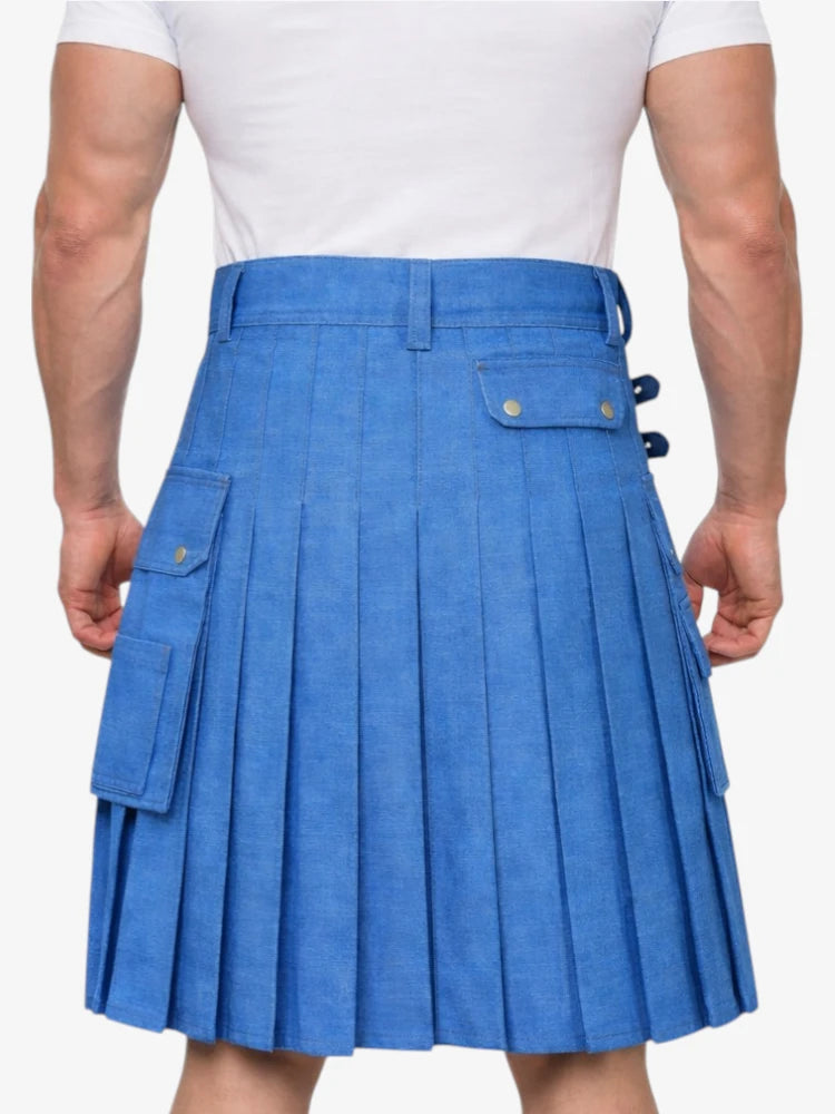 Classic Modern Blue Denim Kilt with Adjustable Straps