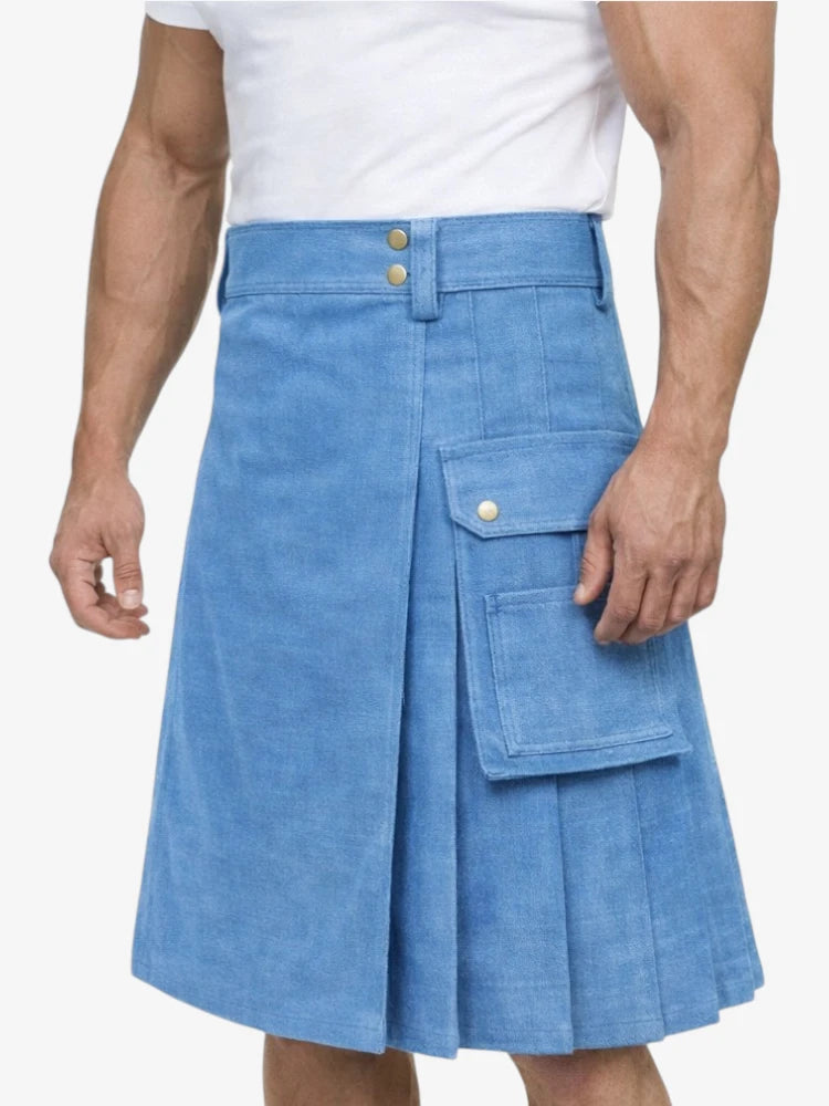 Classic Modern Blue Denim Kilt with Adjustable Straps