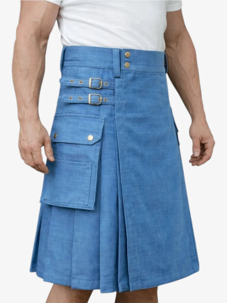 Classic Modern Blue Denim Kilt with Adjustable Straps