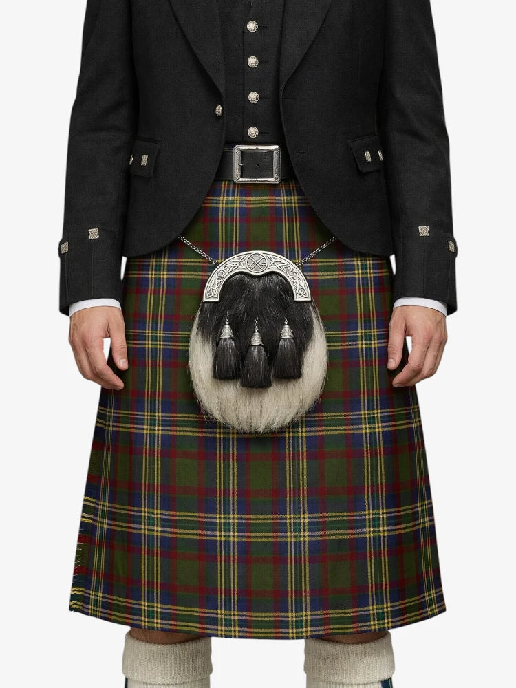 Person wearing a traditional Scottish kilt with a tartan pattern on a white background