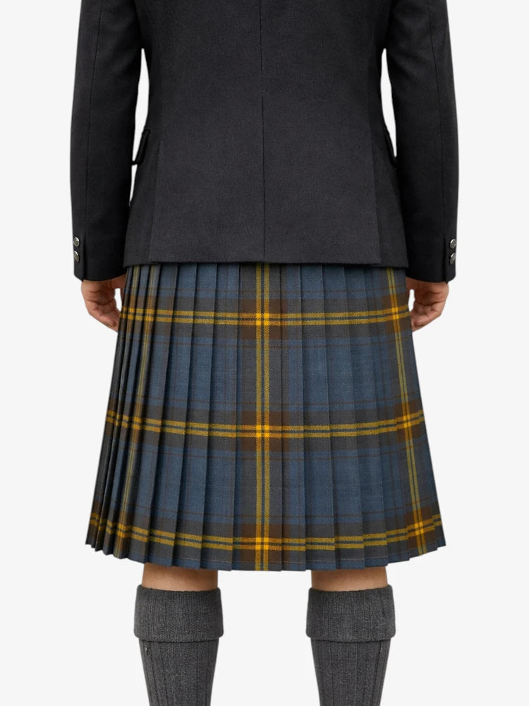 Person wearing a black coat and plaid kilt on a white background