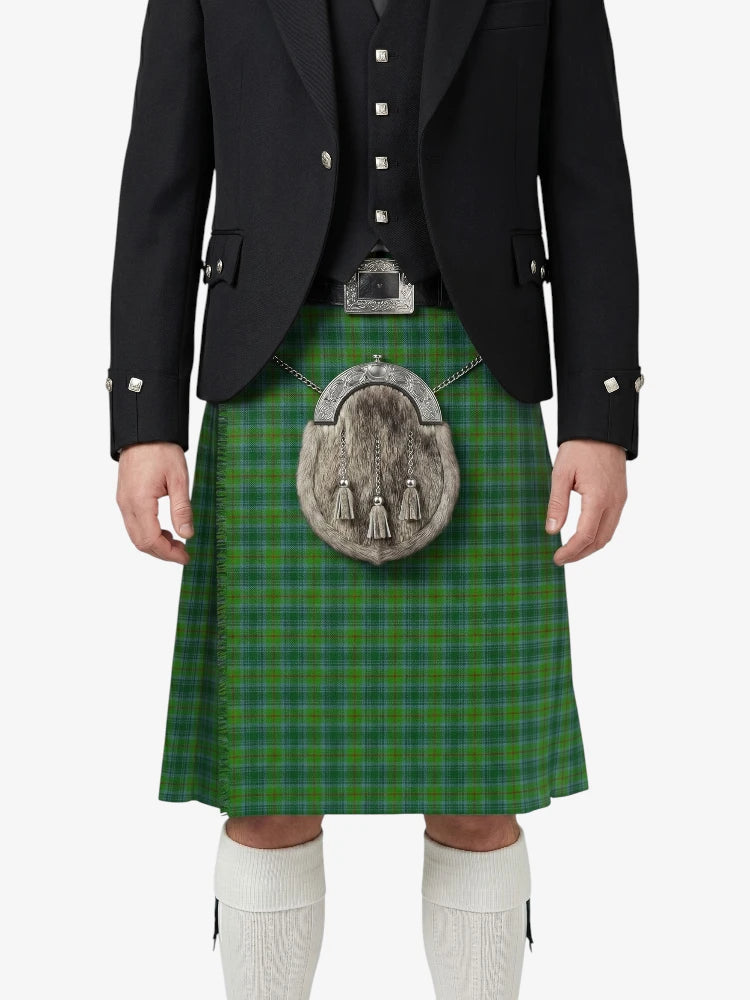 Person wearing a green plaid kilt with a black jacket and white knee-high socks on a white background