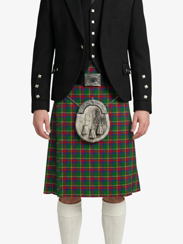 Person wearing a traditional Scottish kilt with a prominent tartan pattern on a white background