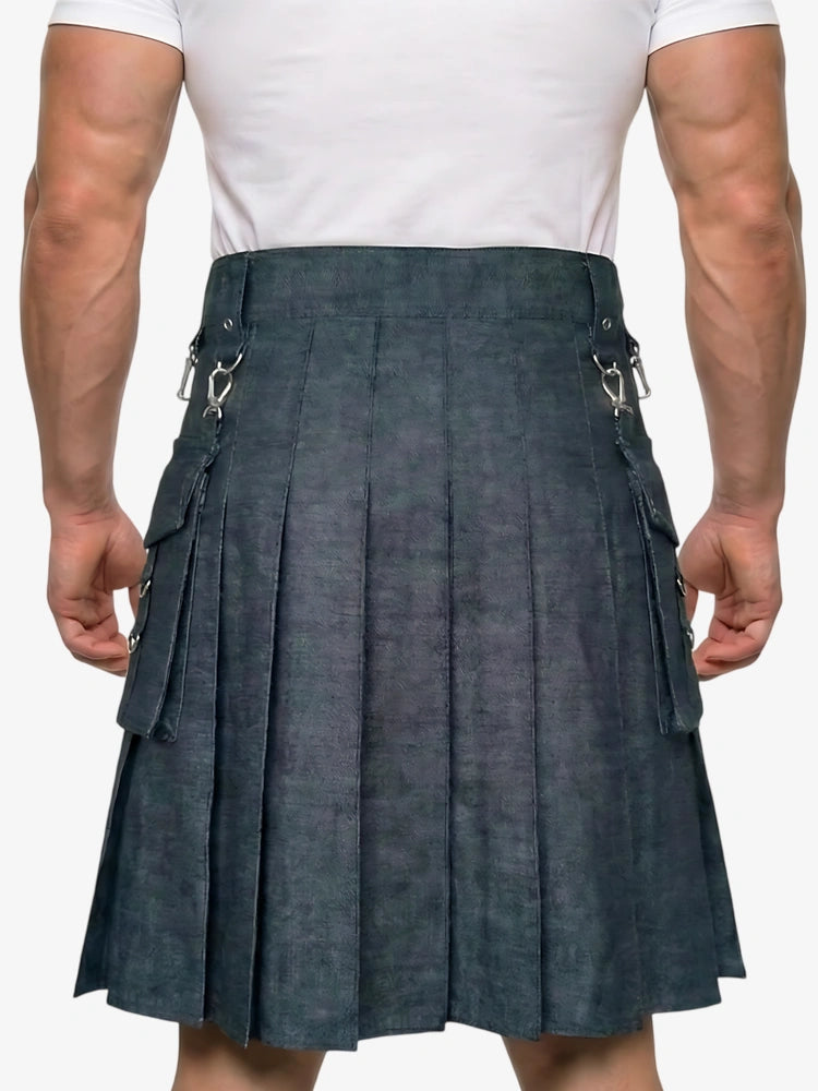 Person wearing a gray kilt on a white background