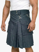 Person wearing a blue kilt on a white background