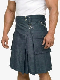 Person wearing a blue kilt on a white background