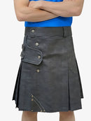 Person wearing a gray kilt with button details on a white background