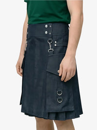 Navy blue kilt with metal hooks and buttons on a white background