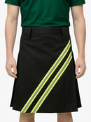 Black skirt with reflective yellow and gray stripes worn by a person on a white background
