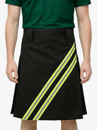 Black skirt with reflective yellow and gray stripes worn by a person on a white background