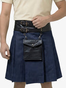 Person wearing a navy blue kilt with a black leather belt and attached pouch on a white background